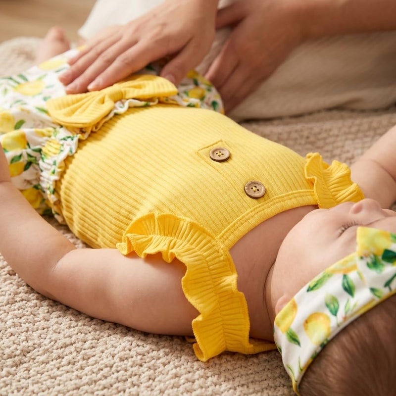 ملابس بناتي رومبر بحمالات كشكش مع تنورة زهور وعصابة رأس بقوس طقم أطفال 3 قطع - Image 2
