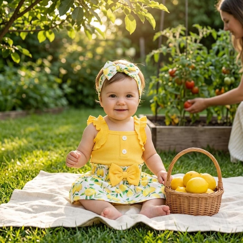 ملابس بناتي رومبر بحمالات كشكش مع تنورة زهور وعصابة رأس بقوس طقم أطفال 3 قطع - Image 4