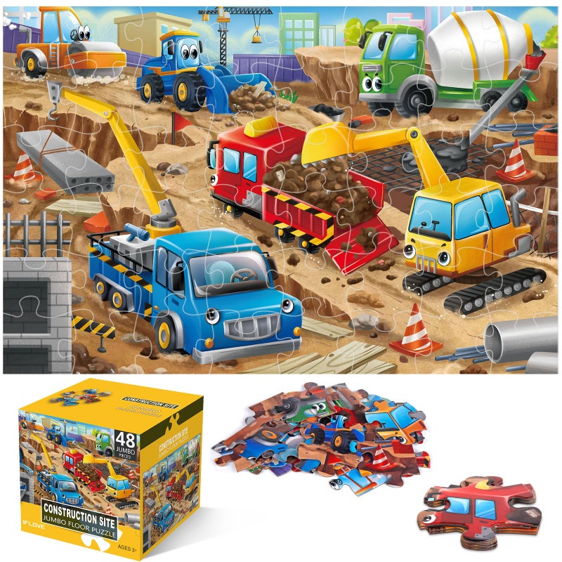 IFLOVE Jumbo Floor Puzzle for Kids,Construction Site Jigsaw Large Puzzles,48 Piece Construction Vehicle Puzzle for Toddler Ages 3-5,Children Learning Preschool Educational Toys,Gift for 4-8 Years Old - Image 1