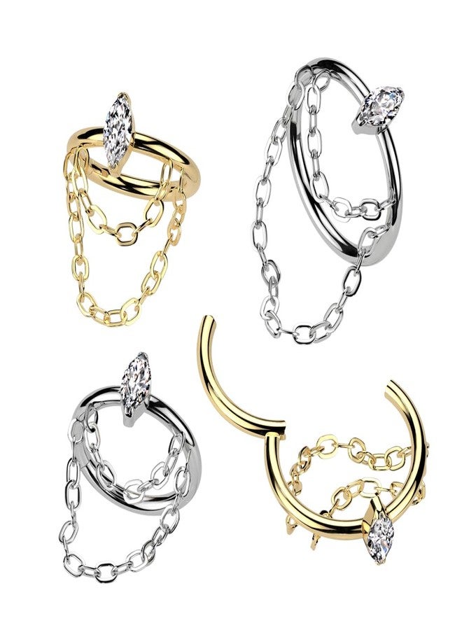 بيرسد آول خاتم من التيتانيوم عيار 16 من نوع Pierced Owl، مصنوع من التيتانيوم المستخدم في زراعة الأسنان وفقًا لمعيار ASTM F-136، مرصع بكريستال زركونيا مكعب الشكل ذي شكل ماركيز، مع سلسلة مزدوجة متدلية، وحلقات مفصلية قابلة للنقر (لون ذهبي، قطر 8 مم). - Image 3