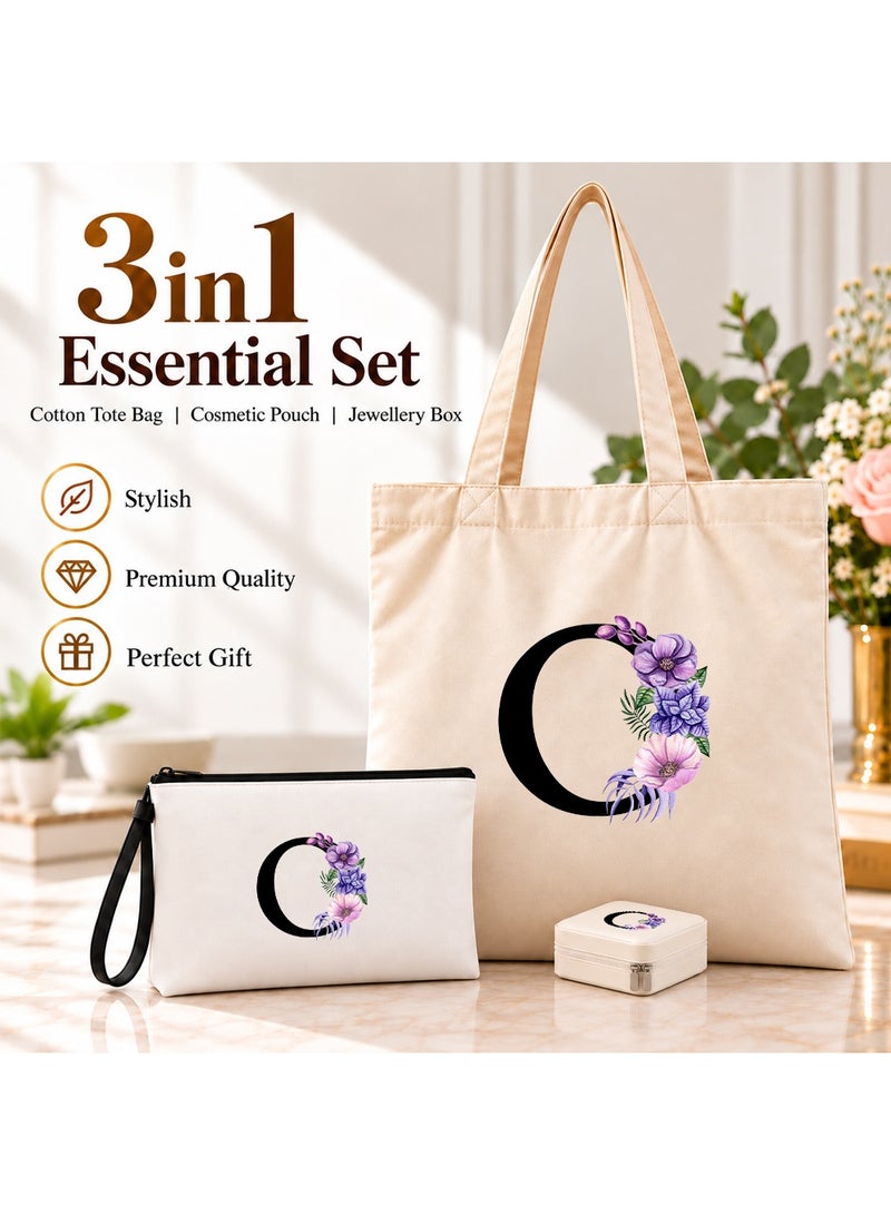 برينت شوب فور مي مجموعة هدايا (حرف مزين بالزهور): حقيبة تسوق (Tote Bag) + حقيبة صغيرة (Pouch) + علبة مجوهرات (3 في 1) - Image 2