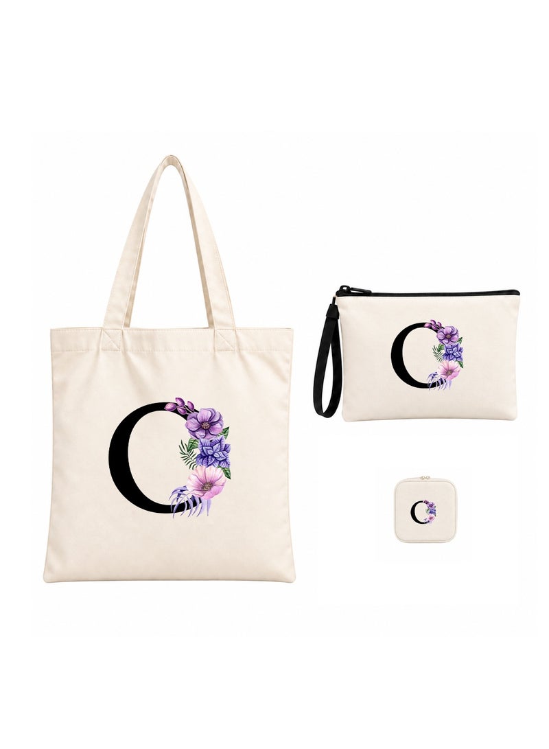برينت شوب فور مي مجموعة هدايا (حرف مزين بالزهور): حقيبة تسوق (Tote Bag) + حقيبة صغيرة (Pouch) + علبة مجوهرات (3 في 1) - Image 1