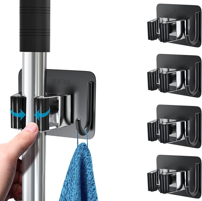 UPKARANWALE Upkaranwale SelfAdhesive Stainless Steel Broom Holder with Hook Drill Free Tight Grip Wall Mount for Mop and Broom Black Pack of 1 - Image 1