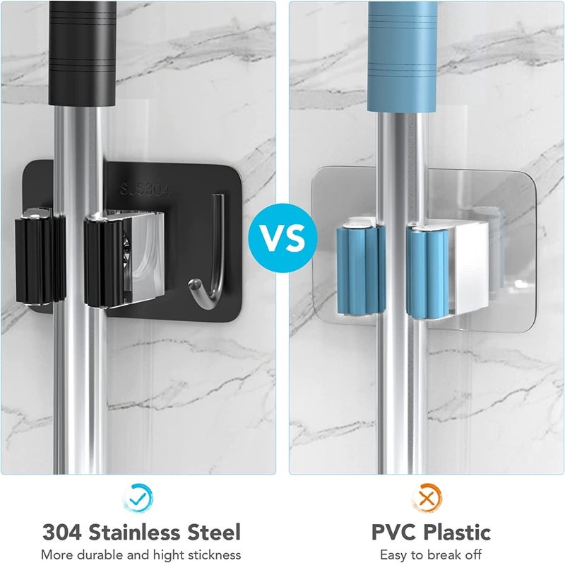 UPKARANWALE Upkaranwale SelfAdhesive Stainless Steel Broom Holder with Hook Drill Free Tight Grip Wall Mount for Mop and Broom Black Pack of 1 - Image 2