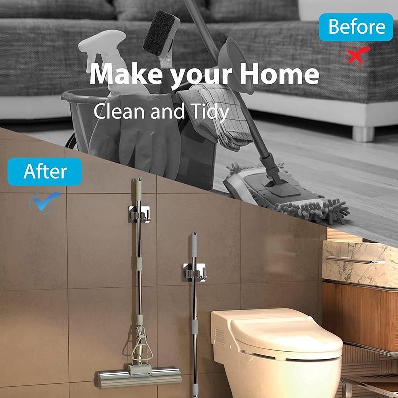 UPKARANWALE Upkaranwale SelfAdhesive Stainless Steel Broom Holder with Hook Drill Free Tight Grip Wall Mount for Mop and Broom Black Pack of 1 - Image 3