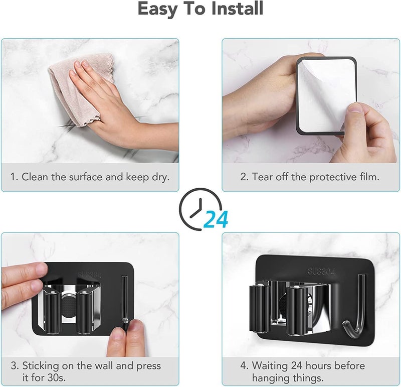 UPKARANWALE Upkaranwale SelfAdhesive Stainless Steel Broom Holder with Hook Drill Free Tight Grip Wall Mount for Mop and Broom Black Pack of 1 - Image 5