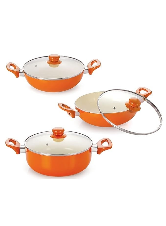 NIRLON 4 Layer Coated Ceramic Non-Stick Induction Pots 6 Pieces Combo Cookwares Gift Set (2 Piece Kadhai/Wok, Casserole/Pot, 3 Glass Lid) Orange Colour - Set of 6 pcs - Image 1