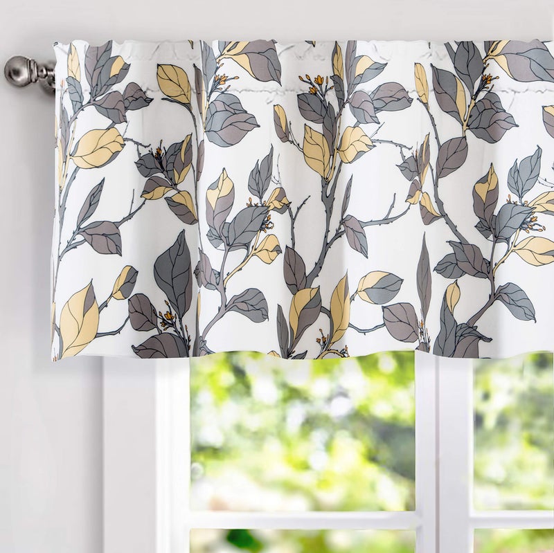 DriftAway Ryan Sketch Flower Floral Branch Leaves Lined Thermal Insulated Window Curtain Valance Rod Pocket 52 Inch by 18 Inch Plus 2 Inch Header Yellow Gray - Image 1