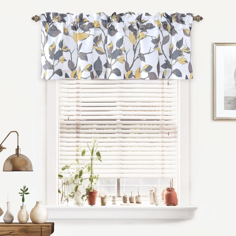 DriftAway Ryan Sketch Flower Floral Branch Leaves Lined Thermal Insulated Window Curtain Valance Rod Pocket 52 Inch by 18 Inch Plus 2 Inch Header Yellow Gray - Image 2