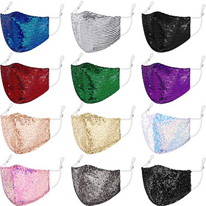 Syhood 12 Pieces Glitter Sequins Mouth Covers Shiny Masquerade Mouth Covering Adjustable Reusable Face Bandana for Women, 2 Styles - Image 1