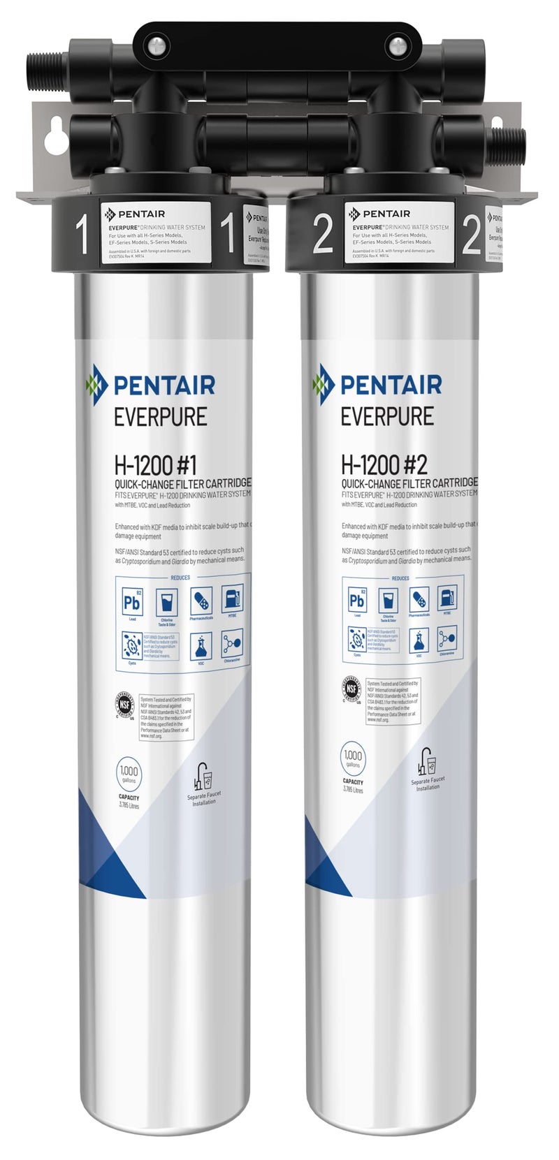 ever pure نظام مياه الشرب Pentair Everpure H-1200، EV928200، معتمد من NSF لتقليل الرصاص و PFOA/PFOS، نظام مزدوج للخرطوشة مع رأس فلتر، وخرطوشات وملحقات، سعة 1,000 جالون، 0.5 ميكرون - Image 1