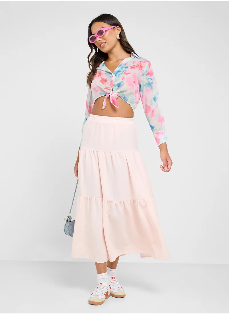 Ginger Blurred Print Button Down Cropped Shirt