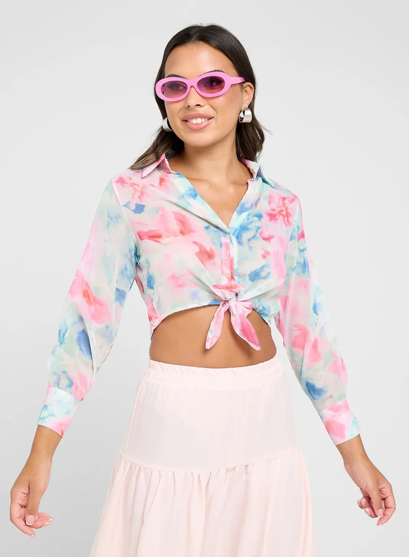 Ginger  Blurred Print Button Down Cropped Shirt for Women | Best Price UAE