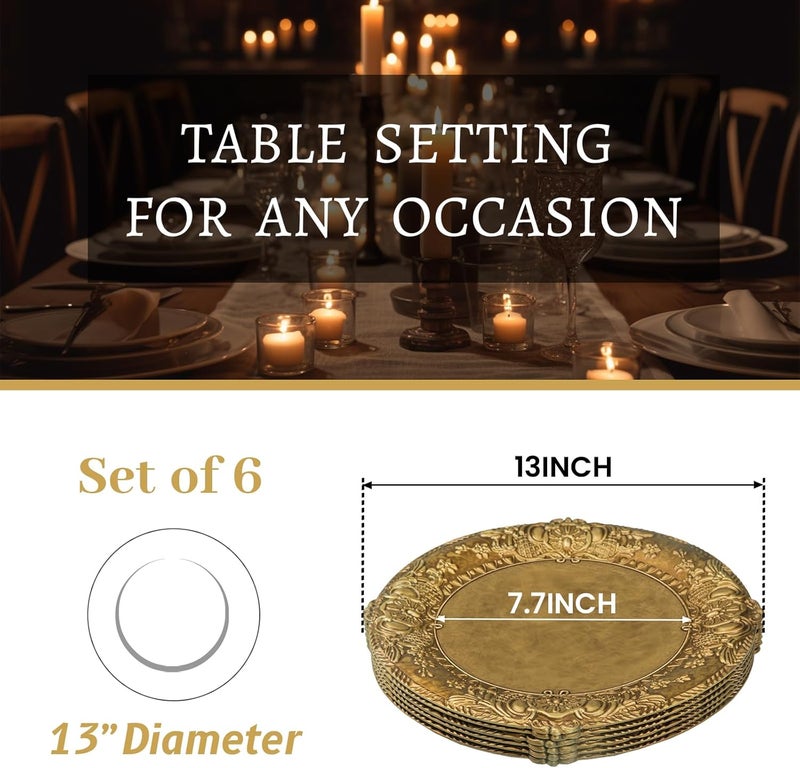 MAONAME 13 Antique Gold Charger Plates Plate Chargers with Embossed Rim Round Plastic Charger Plates for Wedding Table Decor Set of 6 - Image 3
