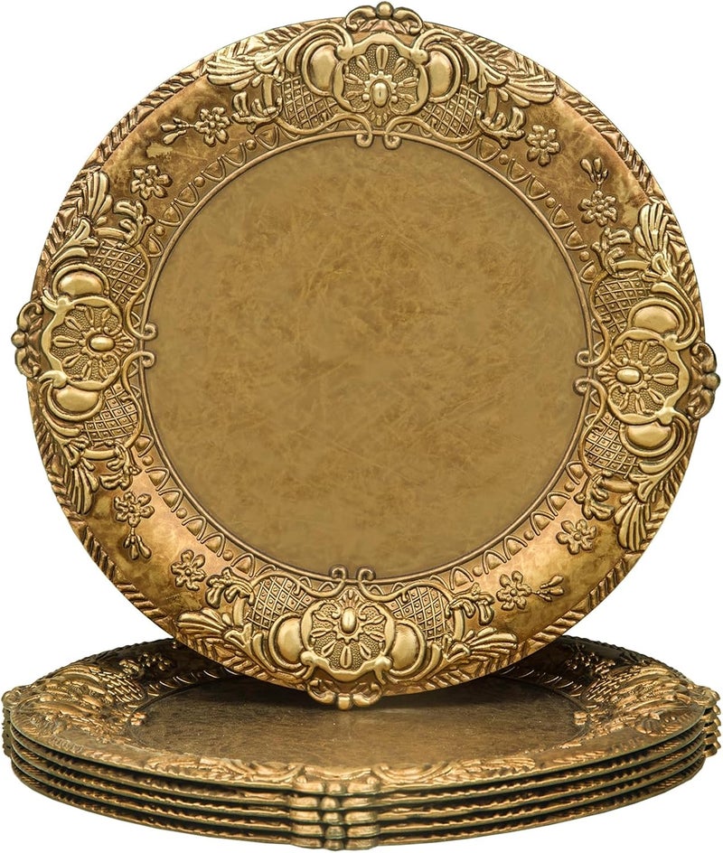 MAONAME 13 Antique Gold Charger Plates Plate Chargers with Embossed Rim Round Plastic Charger Plates for Wedding Table Decor Set of 6 - Image 1