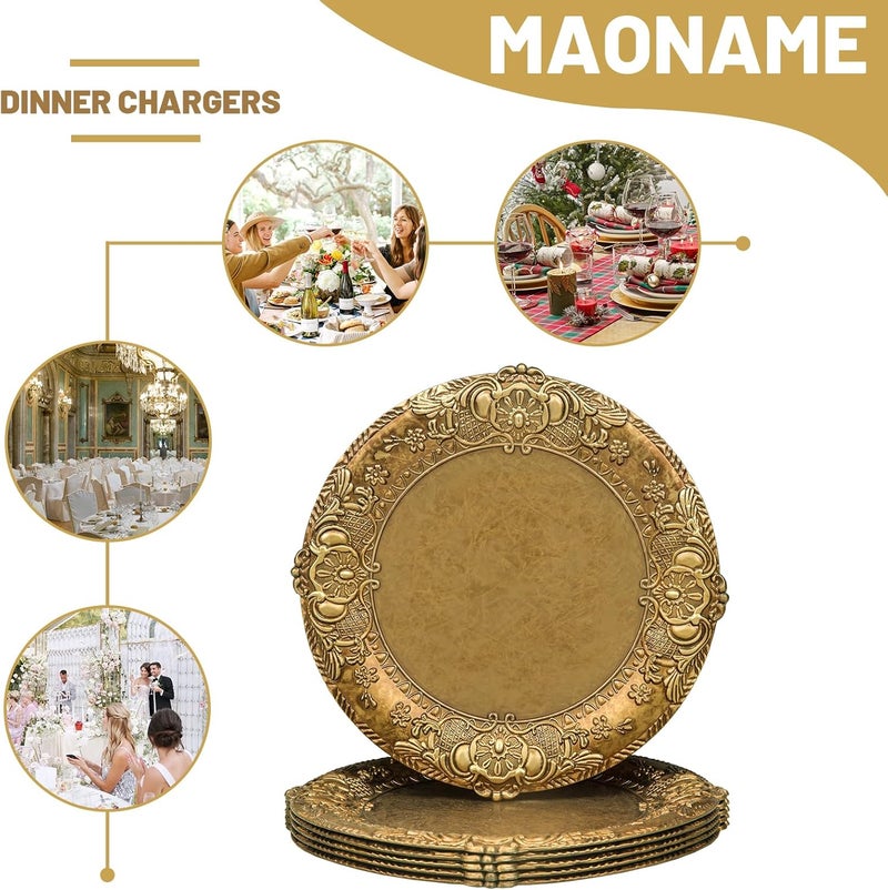 MAONAME 13 Antique Gold Charger Plates Plate Chargers with Embossed Rim Round Plastic Charger Plates for Wedding Table Decor Set of 6 - Image 2