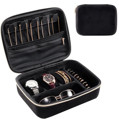 ProCase Mens Extra Large Jewelry Storage Case, 3 Slots Travel Watch Accessories Carrying Box, Glasses Necklaces Rings Bracelets Zippered Organizer Bag for Male -Black - Image 1