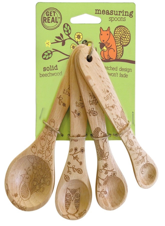 Talisman Designs Laser Etched Beechwood | Set of 4 | Woodland Design | Natural, Wooden Measuring Spoons Set| Cute & Functional Kitchen Tools - Image 1