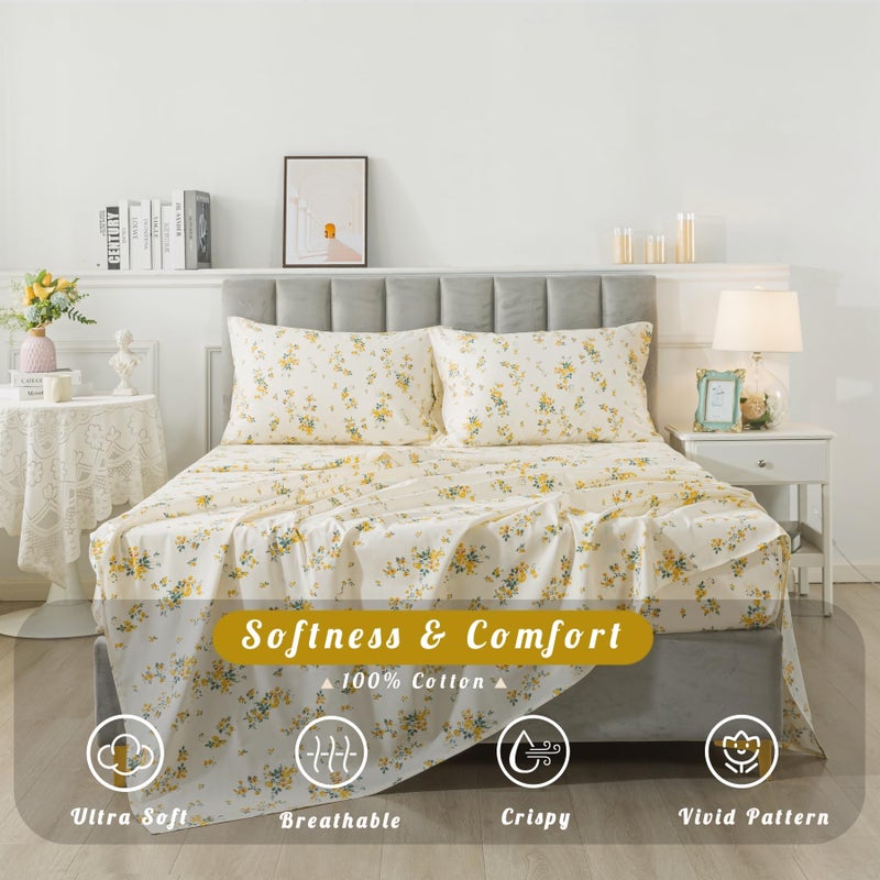 La Sheer 100% Cotton Percale Sheets for Queen Size Bed - 14 Inches Deep Pocket Perfect Fitting - Crispy Cool & Comfortable - Yellow Floral (4 Piece Bed Sheets) - Image 2