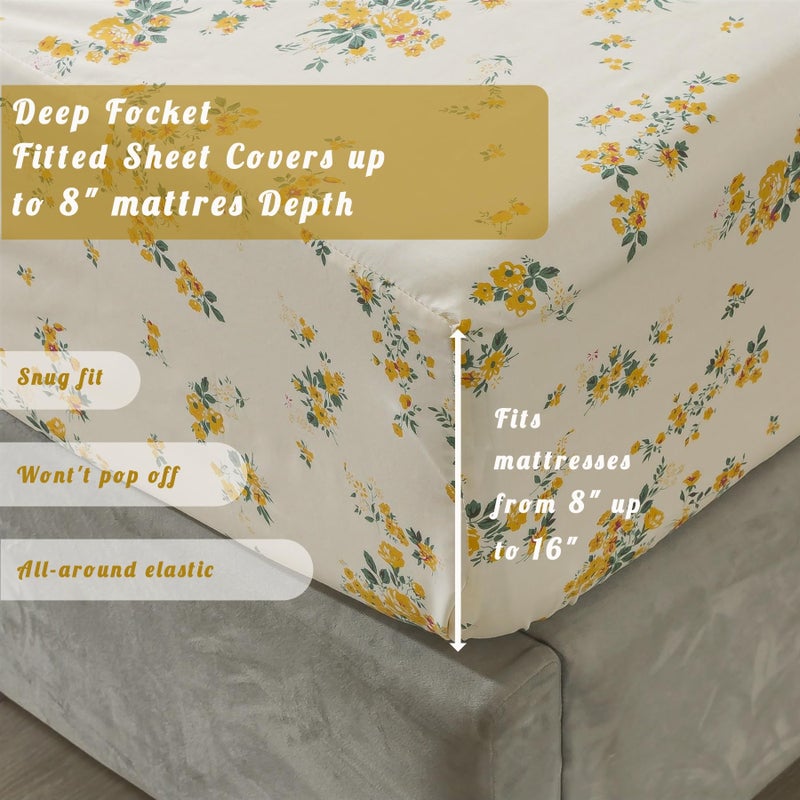 La Sheer 100% Cotton Percale Sheets for Queen Size Bed - 14 Inches Deep Pocket Perfect Fitting - Crispy Cool & Comfortable - Yellow Floral (4 Piece Bed Sheets) - Image 5