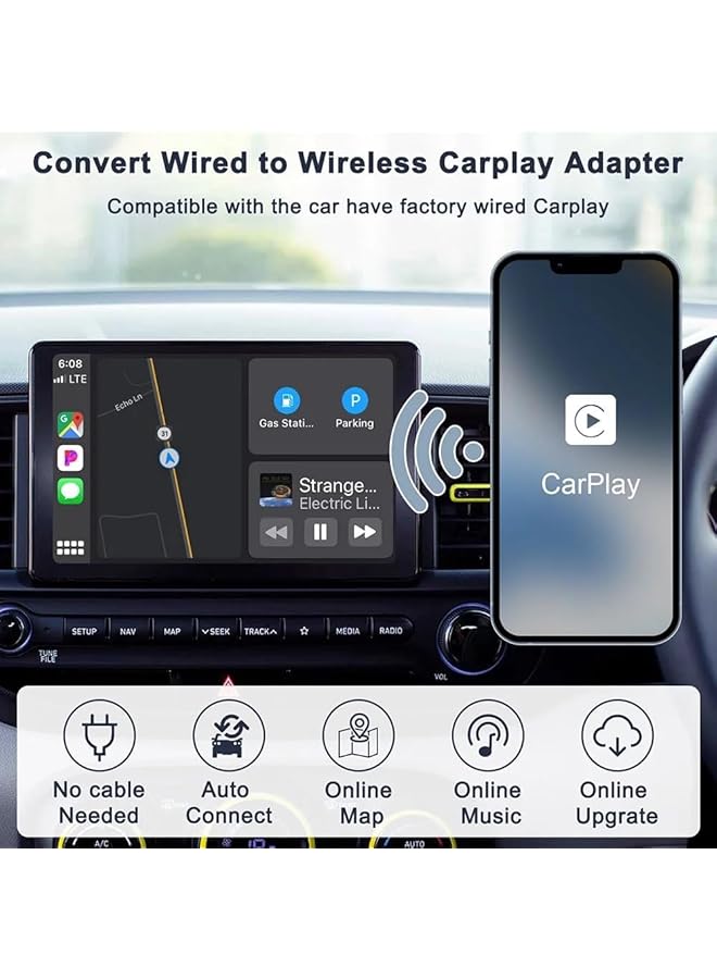 KASTWAVE Wireless Carplay Adapter For Iphone, Carplay Dongle Converts Wired To Wireless, Bluetooth & Wifi Auto-Connect, Online Update, Compatible With Cars From 2015 & Ios 9+ - Image 2