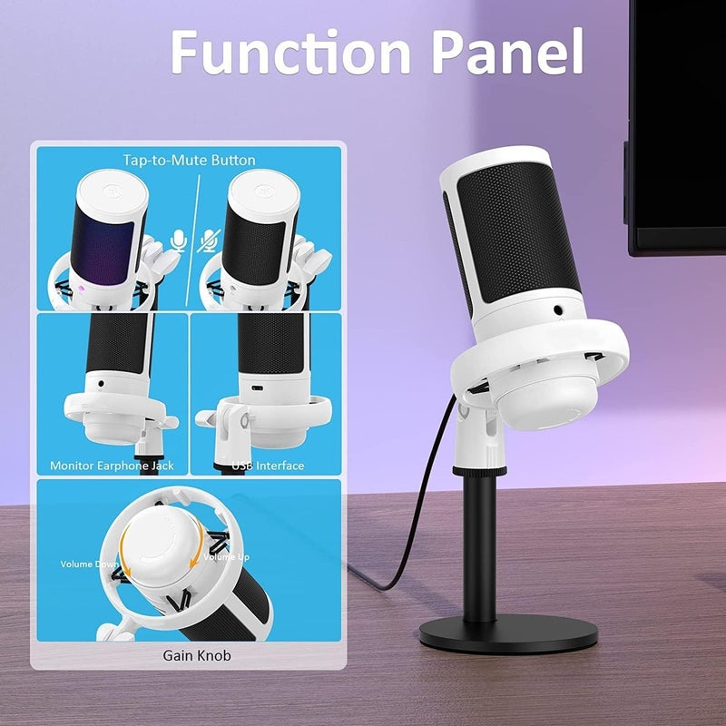 Fh FlashHawk Gaming PC USB Microphone, Desktop Podcast Condenser Mic with Pop Filter, Mute Button for Streaming,Online Chat, RGB Computer Mic for PS4/5 PC Gamer Youtuber, - White - Image 5