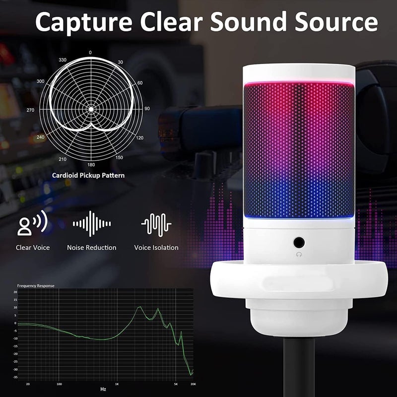 Fh FlashHawk Gaming PC USB Microphone, Desktop Podcast Condenser Mic with Pop Filter, Mute Button for Streaming,Online Chat, RGB Computer Mic for PS4/5 PC Gamer Youtuber, - White - Image 1