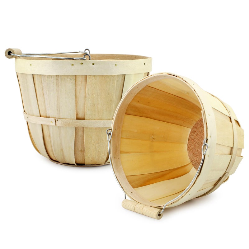 Cornucopia Brands Cornucopia Brands Round Wooden Baskets 2Pack Natural Wood Fruit Buckets wHandle 4Quart Capacity 61 Inch Tall by 8 Inch Diameter
