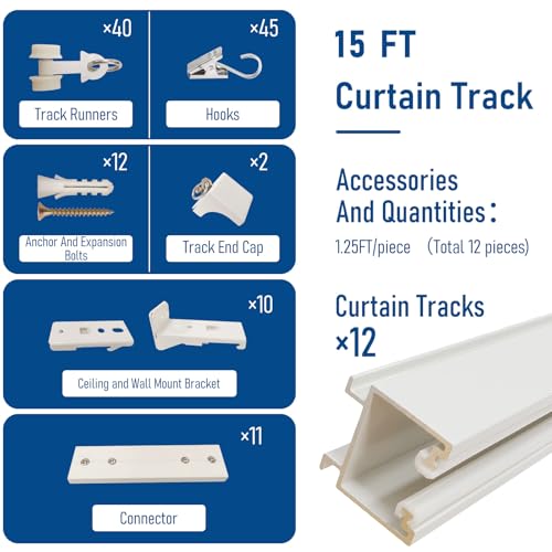 YMDparts Ceiling Curtain Track kit 15FT Ceiling Curtain Track or Wall White Curtain Rail Room Divider Ceiling Track Set with Clips Suitable for Living Room Bedroom Bathroom - Image 4