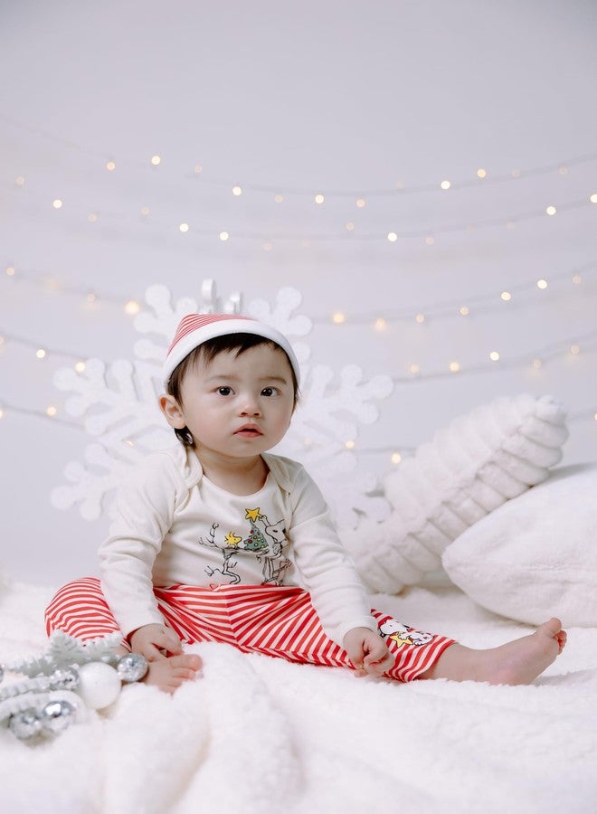 Peanuts Christmas Newborn Baby Boys Bodysuit, Pants and Velour Santa Hat 3 Piece Outfit Set Cream Beige/Red 3-6 Months - Image 2