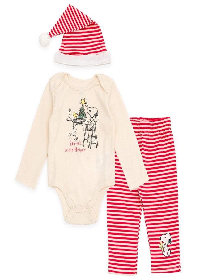 Peanuts Christmas Newborn Baby Boys Bodysuit, Pants and Velour Santa Hat 3 Piece Outfit Set Cream Beige/Red 3-6 Months - Image 1