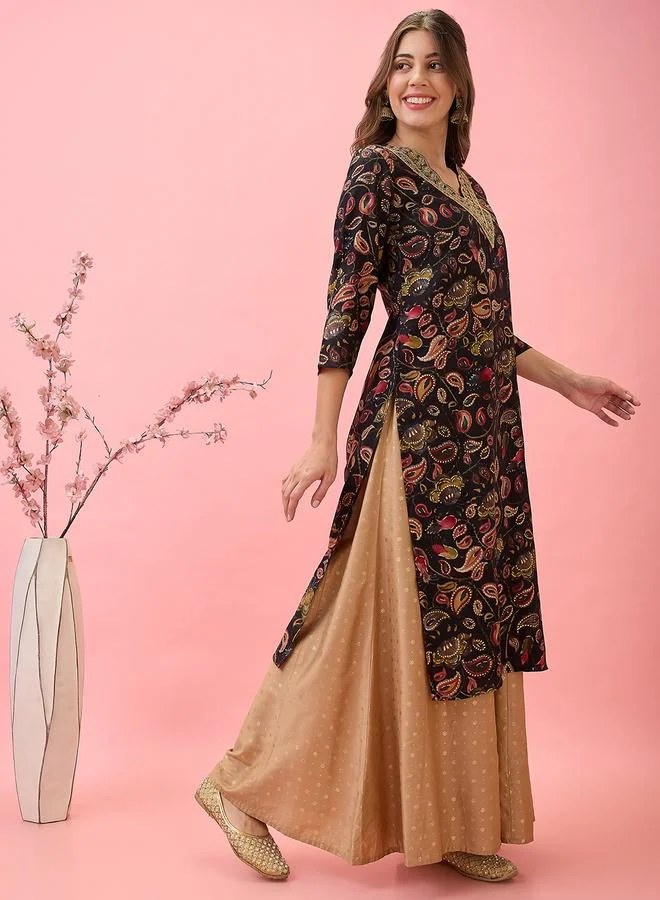 جلو باص كورتا احتفالية من الشانديري بطبعة شرقية ذهبية مطرزة