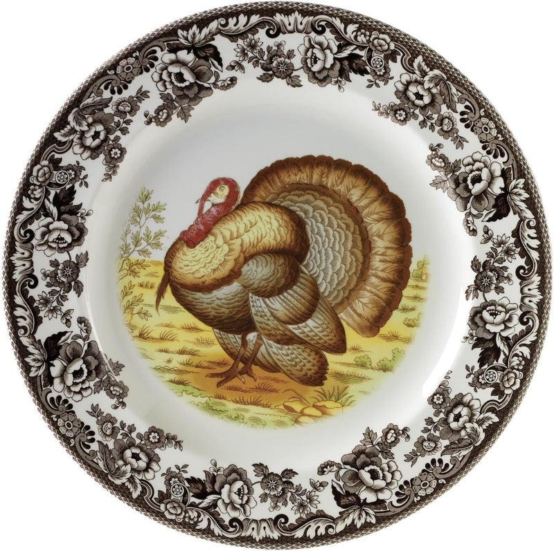 Spode Woodland Turkey Salad Plate - Traditional Wildlife Design, Thanksgiving Appetizer or Dessert Dish with 8 Inch Diameter, Fine Earthenware, British Flowers Border - Microwave, Oven, Freezer Safe - Image 1