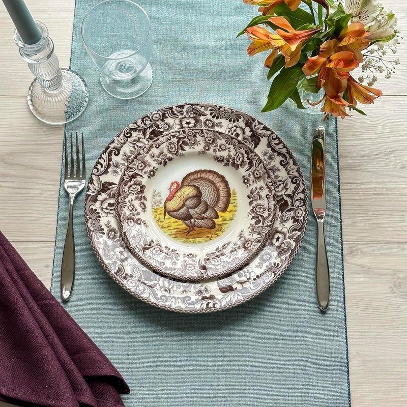 Spode Woodland Turkey Salad Plate - Traditional Wildlife Design, Thanksgiving Appetizer or Dessert Dish with 8 Inch Diameter, Fine Earthenware, British Flowers Border - Microwave, Oven, Freezer Safe - Image 2