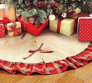 OLYPHAN Burlap Tree Skirt for Christmas Rustic Large Country Natural Brown Skirts & Red Plaid Trim Farmhouse Xmas - Image 1