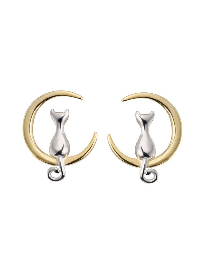 S.Leaf Cat Earrings Sterling Silver Earrings Cat Moon Earrings Cat Stuff For Cat Lovers Cat Lovers Cat Jewelry For Women Cat People Gifts For Women (Silver And Gold) - Image 1