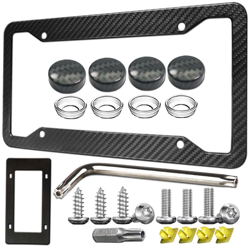 ZXFOOG Carbon Fiber License Plate Frame- Real Carbon Fiber Cloth Wrap Stainless Steel Holder, Wide Edge Black Car Tag Cover with Anti Theft Screws Caps, 1 Pack 4 Hole - Image 1