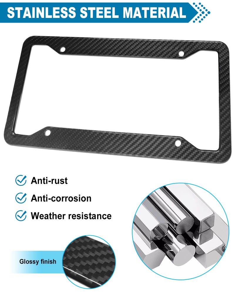 ZXFOOG Carbon Fiber License Plate Frame- Real Carbon Fiber Cloth Wrap Stainless Steel Holder, Wide Edge Black Car Tag Cover with Anti Theft Screws Caps, 1 Pack 4 Hole - Image 2