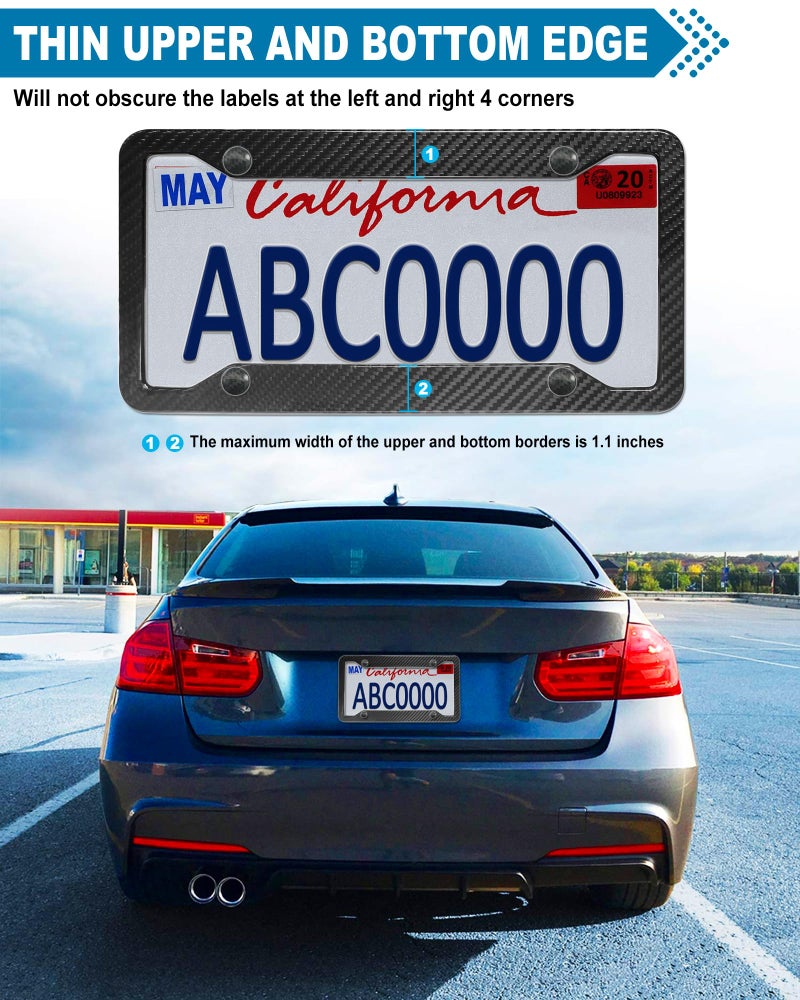 ZXFOOG Carbon Fiber License Plate Frame- Real Carbon Fiber Cloth Wrap Stainless Steel Holder, Wide Edge Black Car Tag Cover with Anti Theft Screws Caps, 1 Pack 4 Hole - Image 5