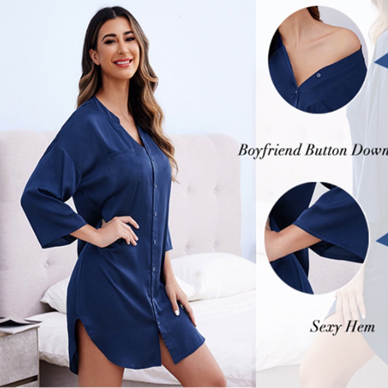 Summer Sexy and Sweet Thin Boyfriend Style Shirt Long Home Clothes Spring and Autumn Private Room Pajamas Lazy Home - Image 2