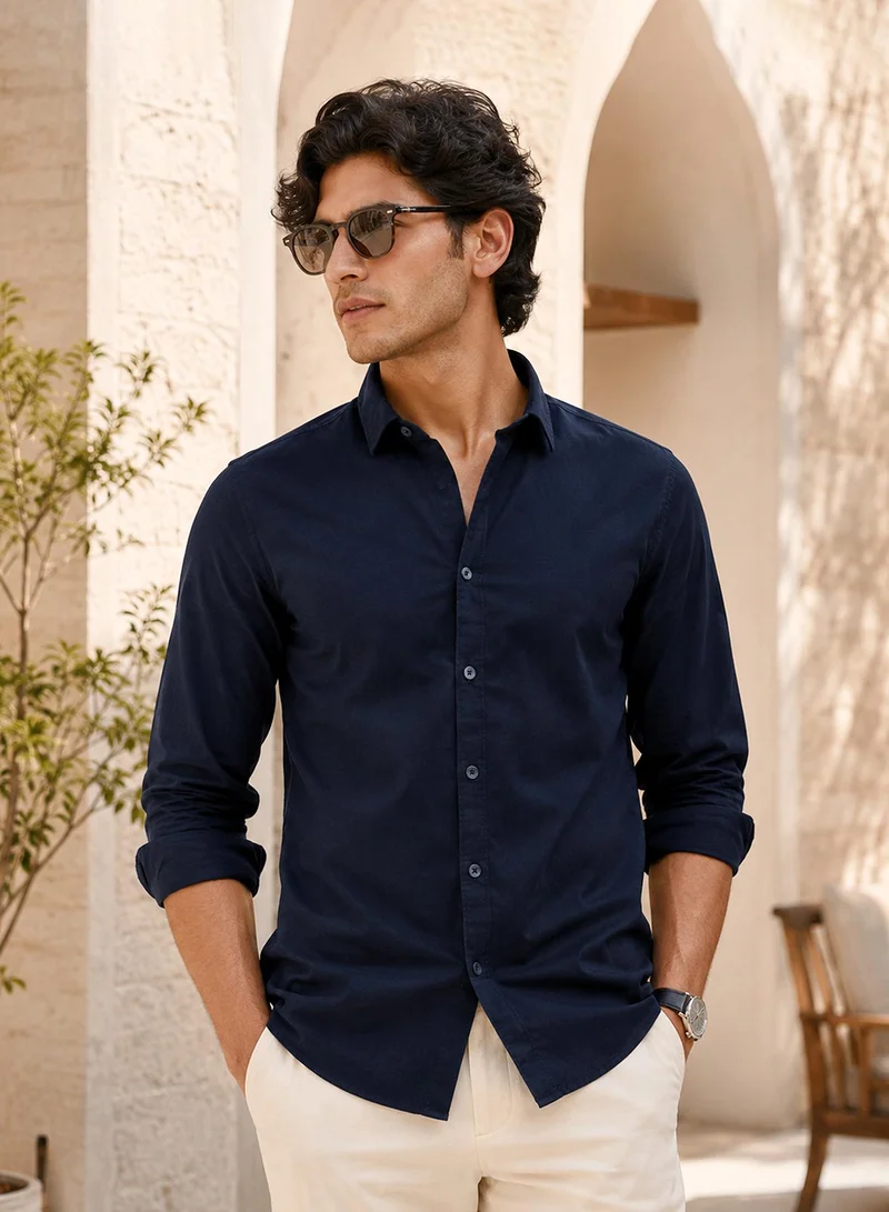 CAHOOT Men's Blue Plain/Basic Regular Shirt For Casual Wear | Collared Neck | Long Sleeve | Button Closure | Cotton Shirt Crafted With Comfort Fit For Everyday Wear (3961)