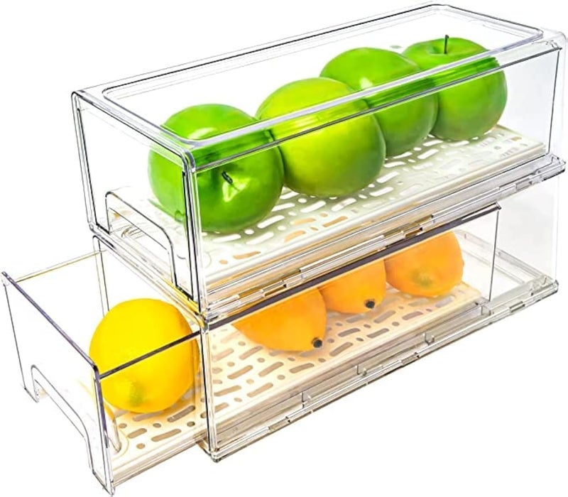 MANO 2 Pack Stackable Refrigerator Drawers Pull Out Bins Clear Fridge Drawer Organizer Food Storage Containers Plastic Veggie Fruit Produce Saver for Pantry Kitchen Freezer(M) - Image 1