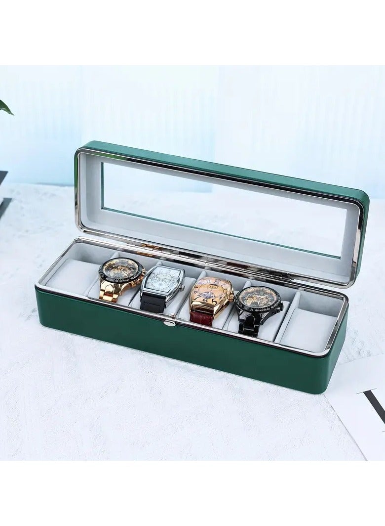 Green Leather Watch Case 1pc 6 Slot Large Capacity All-metal Watch Storage Box, Transparent Watch Display Box, Dust-proof Watch Box - Image 1
