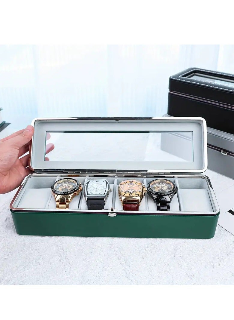 Green Leather Watch Case 1pc 6 Slot Large Capacity All-metal Watch Storage Box, Transparent Watch Display Box, Dust-proof Watch Box - Image 2