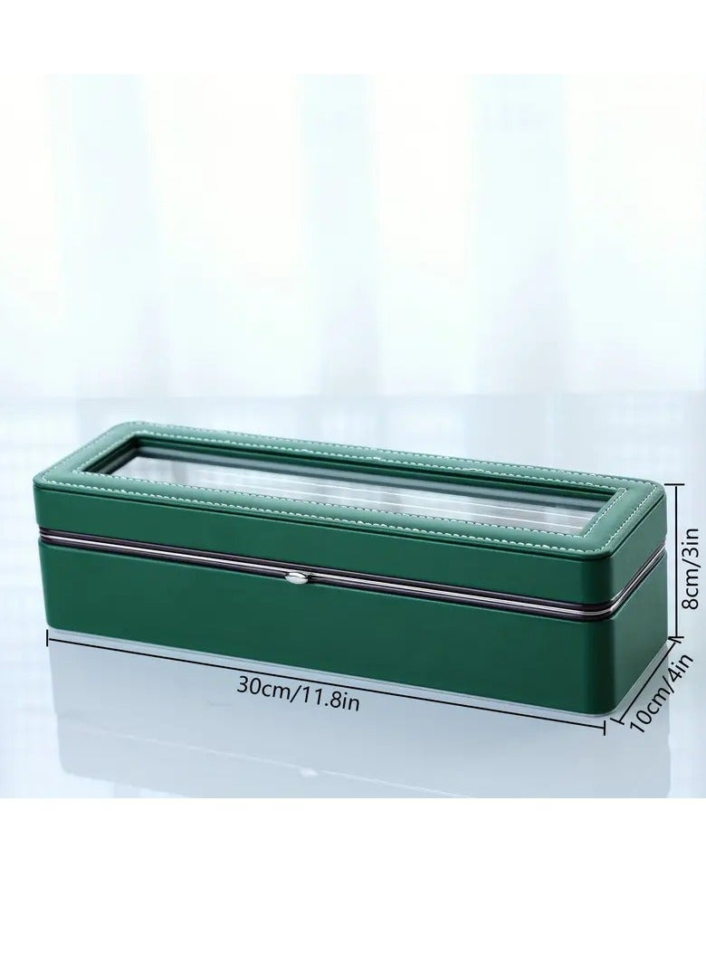 Green Leather Watch Case 1pc 6 Slot Large Capacity All-metal Watch Storage Box, Transparent Watch Display Box, Dust-proof Watch Box - Image 3