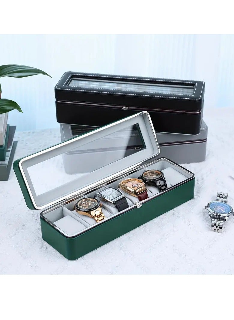 Green Leather Watch Case 1pc 6 Slot Large Capacity All-metal Watch Storage Box, Transparent Watch Display Box, Dust-proof Watch Box - Image 4