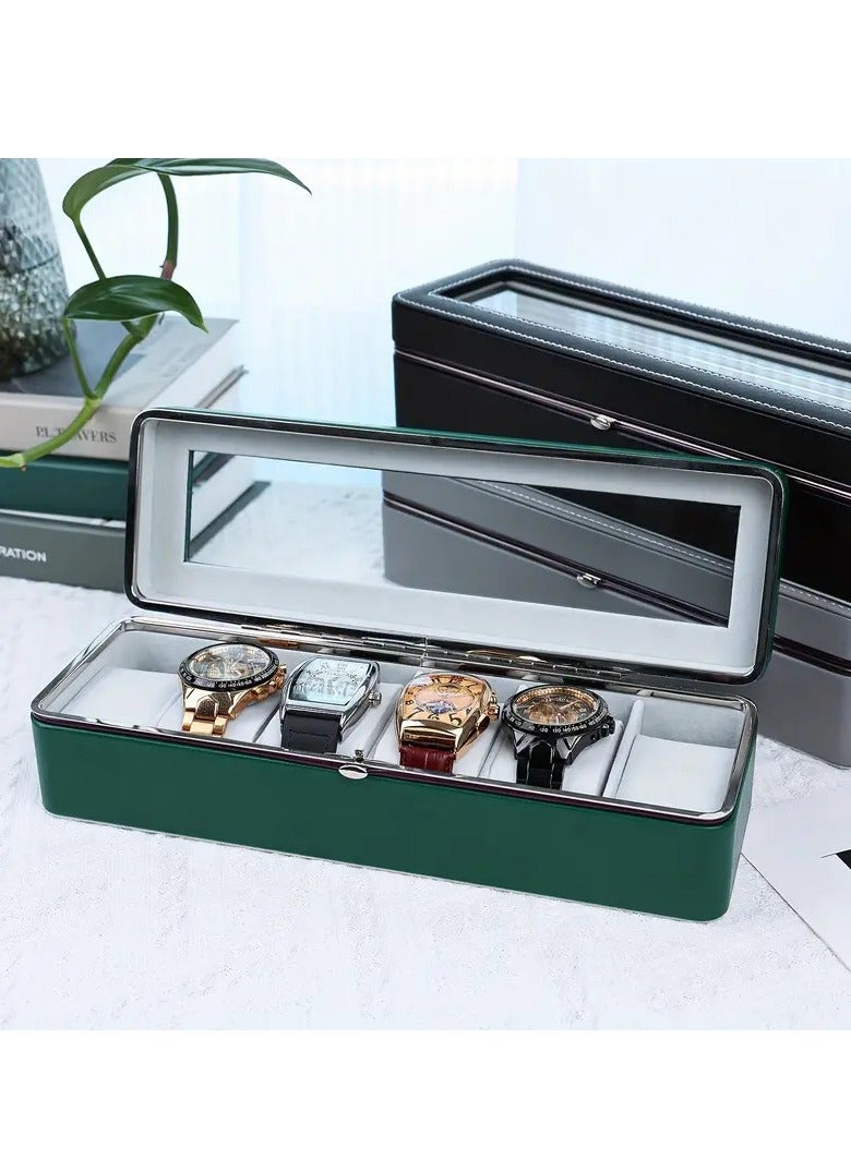 Green Leather Watch Case 1pc 6 Slot Large Capacity All-metal Watch Storage Box, Transparent Watch Display Box, Dust-proof Watch Box - Image 5