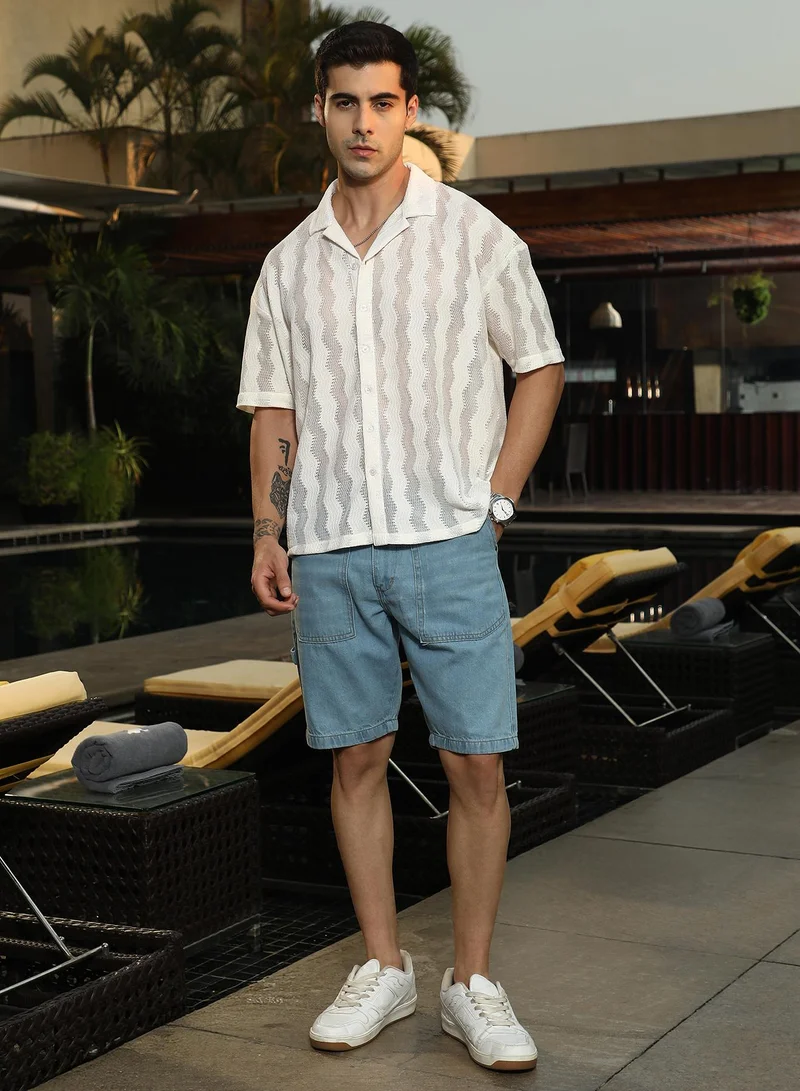 Campus Sutra Campus Sutra Men's Off-White Swirl Open-Knit Resort Shirt For Casual Wear | Cuban Collar | Short Regular Sleeves | Button Closure | Oversized Shirt Crafted With Comfort Fit For Everyday Wear