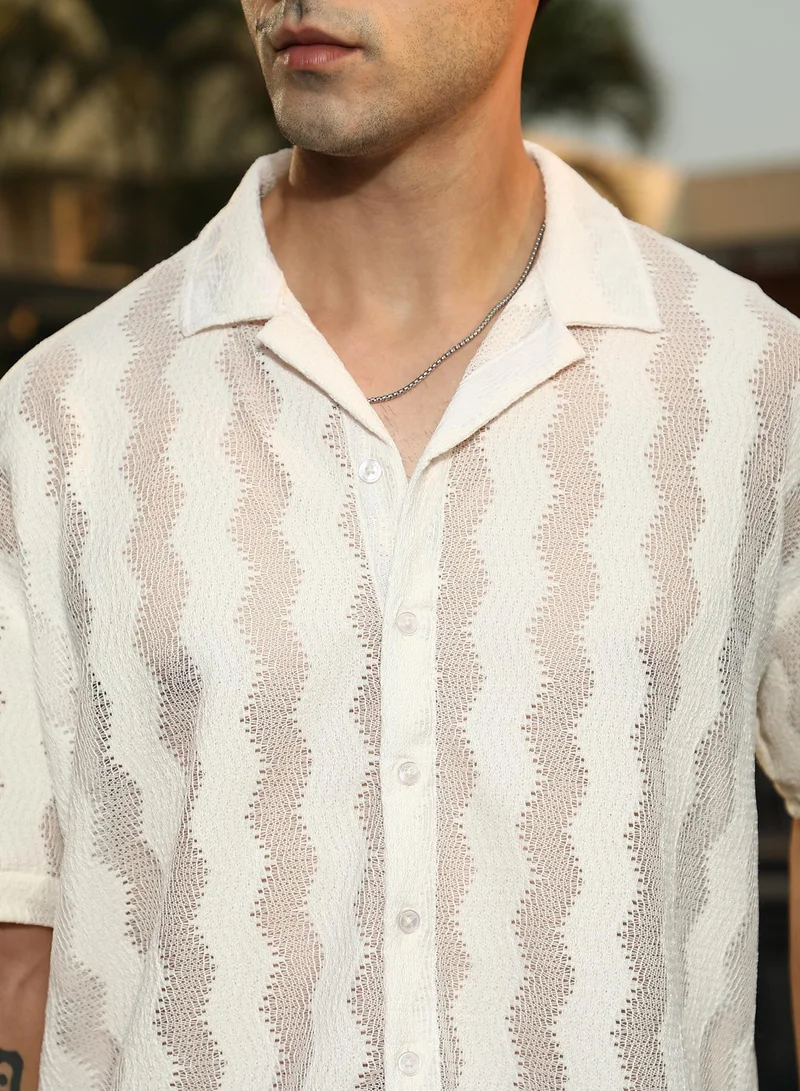 Campus Sutra Campus Sutra Men's Off-White Swirl Open-Knit Resort Shirt For Casual Wear | Cuban Collar | Short Regular Sleeves | Button Closure | Oversized Shirt Crafted With Comfort Fit For Everyday Wear