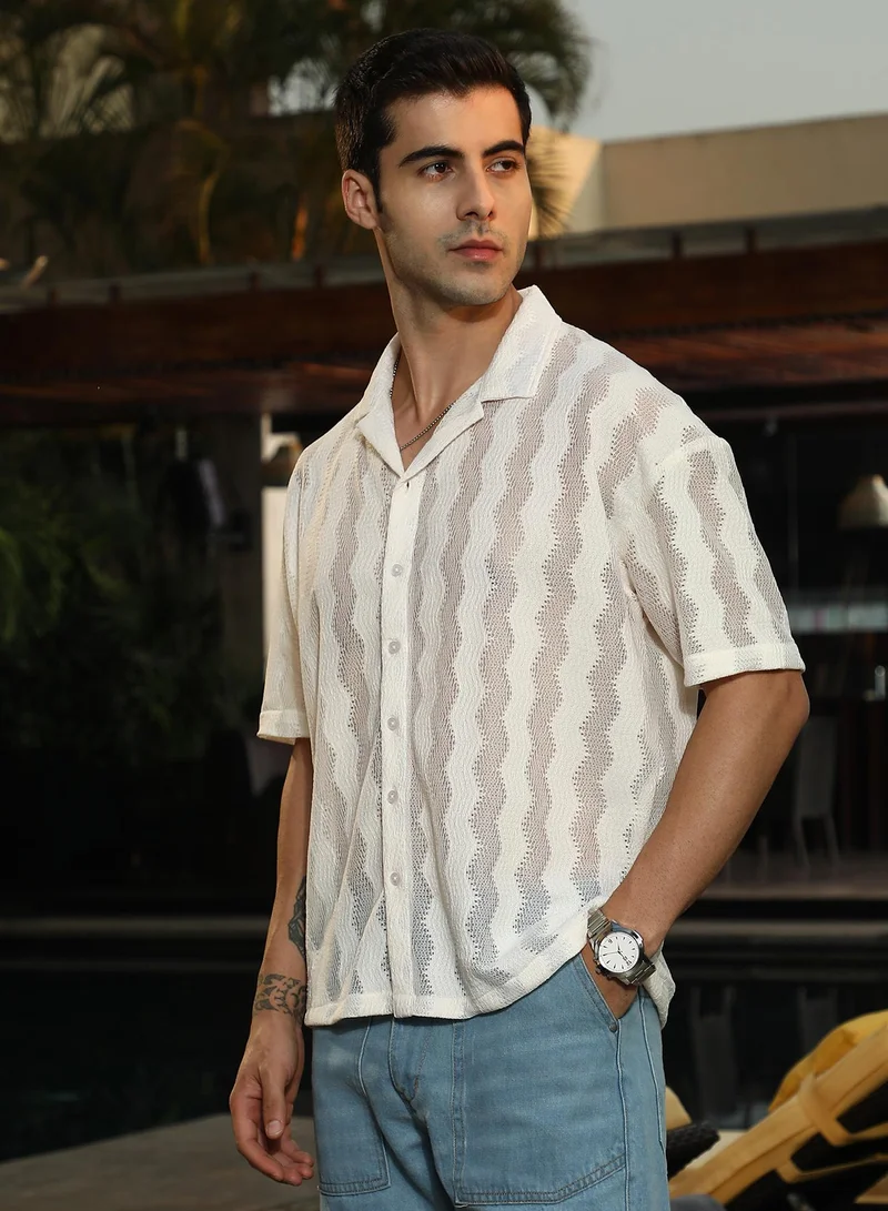 Campus Sutra Campus Sutra Men's Off-White Swirl Open-Knit Resort Shirt For Casual Wear | Cuban Collar | Short Regular Sleeves | Button Closure | Oversized Shirt Crafted With Comfort Fit For Everyday Wear